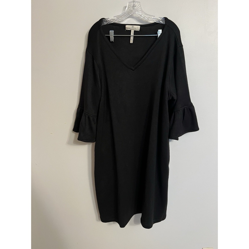 Crown Linen Design Black Merino Wool Dress Ruffle Sleeve Sz L Winter